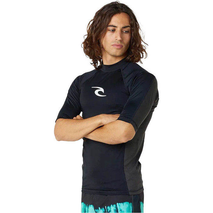 2024 Rip Curl Mens Waves UPF Performance Short Sleeve Rash Vest 142MRV - Black